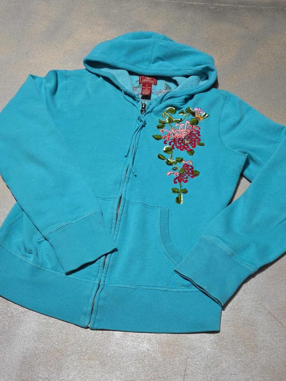 Lucky Brand Turquoise Hoodie with Pink Floral Embroidery